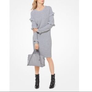 Michael Kors Ruffled Ribbed Sweater Dress Gray XXS